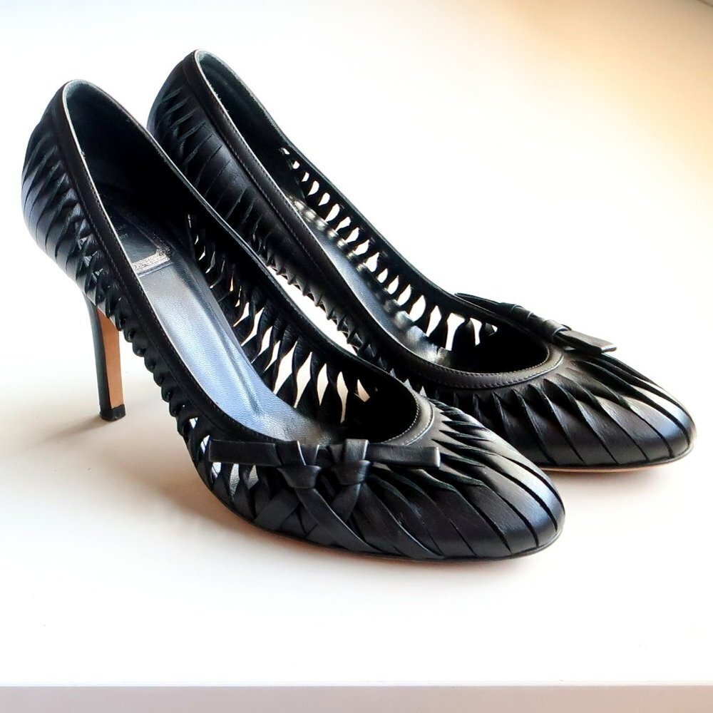 Dior Black Leather Strappy Cut Out Round Toe Bow Pumps Heels Dressy Formal Shoes